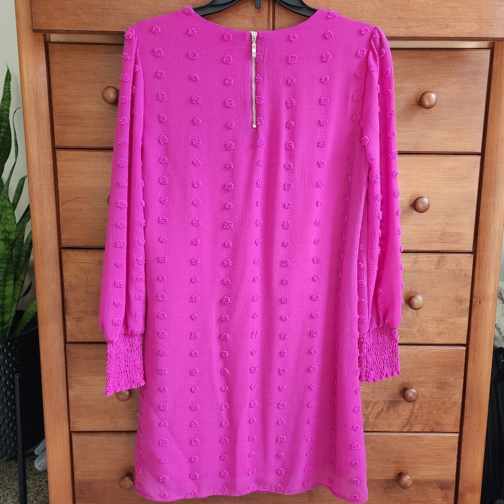 Versona Swiss Dot Shift Dress Womens XS Magenta Pink Smocked Long Sleeve Barbie - Picture 3 of 11